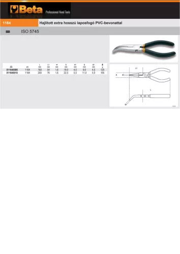 Beta 1164 Hajlított extra hosszú laposfogó PVC-bevonattal 160mm