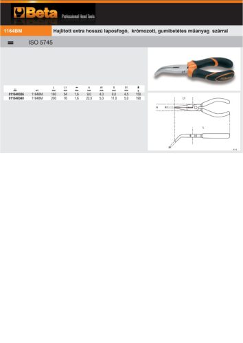 Beta 1164BM Hajlított extra hosszú laposfogó, krómozott, gumibetétes műanyag szárral 200mm