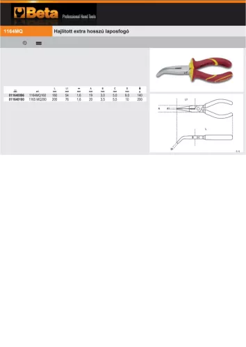 Beta 1164MQ Hajlított extra hosszú laposfogó  160mm