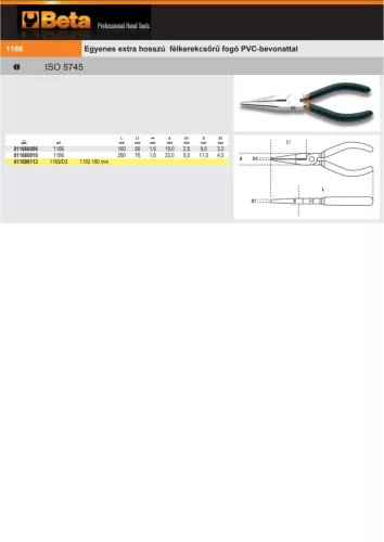 Beta 1166 Egyenes extra hosszú félkerekcsőrű fogó PVC-bevonattal 200mm