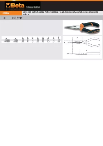 Beta 1166BM Egyenes extra hosszú félkerekcsőrű fogó, krómozott, gumibetétes műanyag szárral 200mm