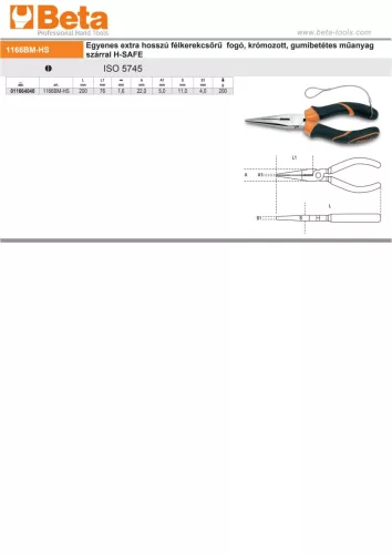 Beta 1166BMHS Egyenes extra hosszú félkerekcsőrű fogó, krómozott, gumibetétes műanyag szárral 200mm H-SAFE