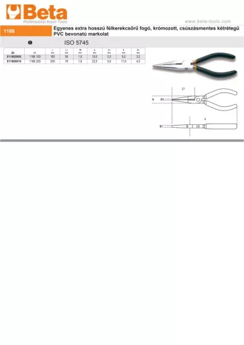 Beta 1166 160 Egyenes extra hosszú félkerekcsőrű fogó PVC-bevonattal