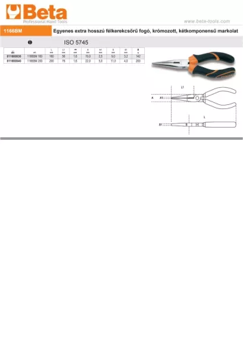 Beta 1166BM 200 Egyenes extra hosszú félkerekcsőrű fogó, krómozott, gumibetétes műanyag szárral