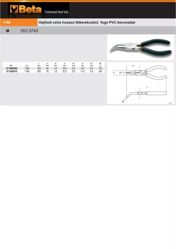 Beta 1168 Hajlított extra hosszú félkerekcsőrű fogó PVC-bevonattal 160mm
