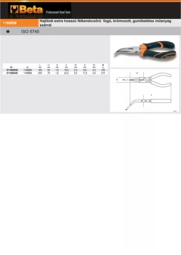 Beta 1168BM Hajlított extra hosszú félkerekcsőrű fogó, krómozott, gumibetétes műanyag szárral 160mm