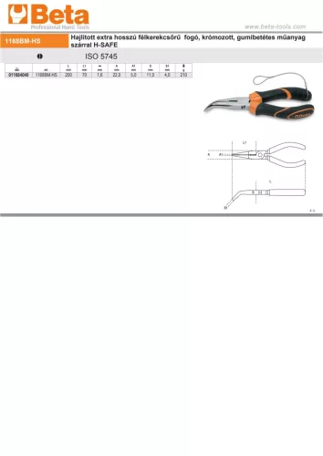 Beta 1168BMHS Hajlított extra hosszú félkerekcsőrű fogó, krómozott, gumibetétes műanyag szárral 200mm H-SAFE