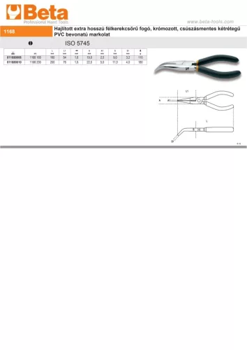 Beta 1168 160 Hajlított extra hosszú félkerekcsőrű fogó PVC-bevonattal