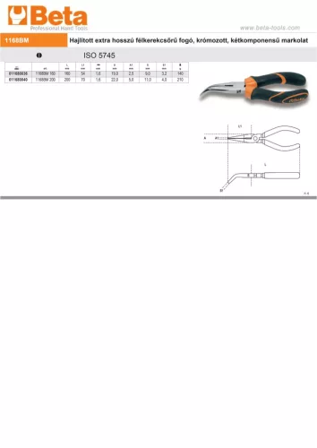 Beta 1168BM 160 Hajlított extra hosszú félkerekcsőrű fogó, krómozott, gumibetétes műanyag szárral