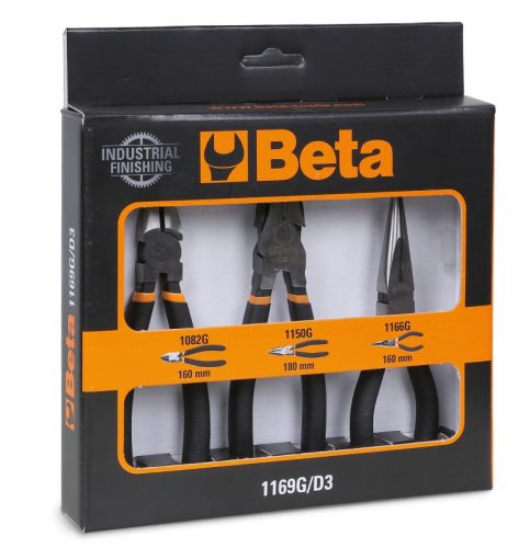 Beta 1169G/D3 1 kombinált fogó, 1 hosszú félkerekcsőrű fogó, 1 oldalcsípőfogó, csúszásmentes kétrétegű PVC bevonattal, ipari kivitel