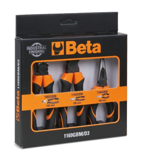 Beta 1169GBM/D3 3 részes készlet 1 kombinált fogó, 1 hosszú félkerekcsőrű fogó, 1 oldalcsípőfogó, kétkomponensű markolat, ipari kivitel