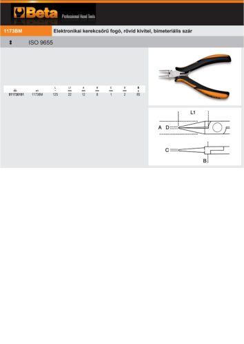 Beta 1173BM Elektronikai kerekcsőrű fogó, rövid kivitel, bimeteriális szár 125mm