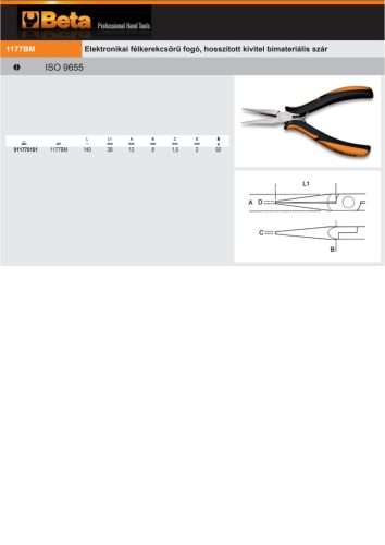 Beta 1177BM Elektronikai félkerekcsőrű fogó, hosszított kivitel bimateriális szár 140mm