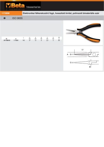 Beta 1178BM Elektronikai félkerekcsőrű fogó, hosszított kivitel, polírozott bimateriális szár 140mm