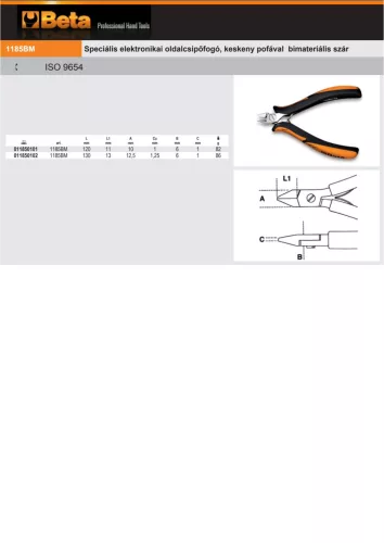 Beta 1185BM Speciális elektronikai oldalcsipőfogó, keskeny pofával bimateriális szár 120mm
