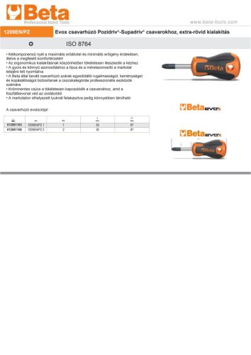 Beta 1209EN Csavarhúzó Pozidriv® fejű extra rövid PZ 2