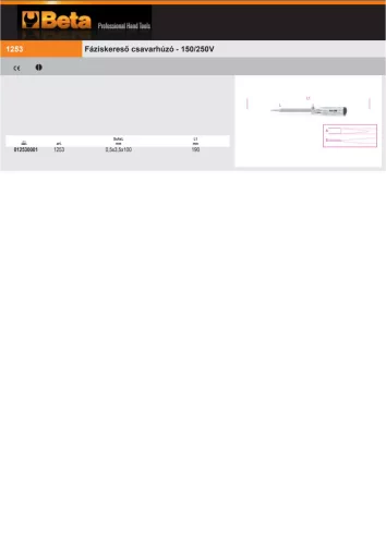 Beta 1253 Fáziskereső csavarhúzó - 150/250V, 0,5x3,5x100