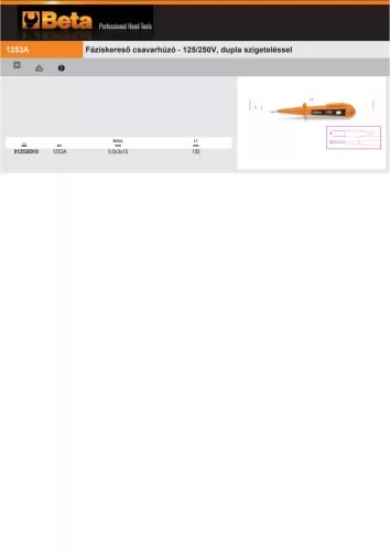 Beta 1253A Fáziskereső csavarhúzó - 125/250V, dupla szigeteléssel, 0,5x3x15