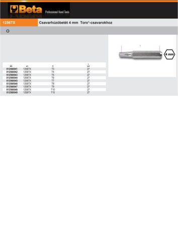 Beta 1256TX Bit hegy 4 mm Torx®-csavarokhoz T8