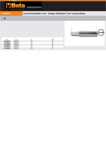 Beta 1256RTX Bit hegy 4 mm Tamper Resistant Torx®-csavarokhoz T10