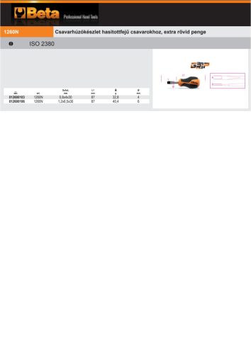 Beta 1260NCsavarhúzó hasítottfejű csavarokhoz, extra rövid penge 1,2x6,5x30mm