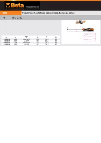Beta 1260E Csavarhúzó hasitottfejű csavarokhoz, hatszögű penge 1,2x6,5x150mm