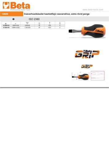 Beta 1260N 6,5X30 Csavarhúzókészlet hasitottfejű csavarokhoz, extra rövid penge