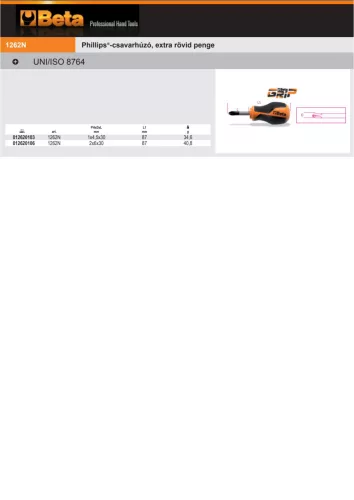 Beta 1262N Csavarhúzó PHILLIPS® fejű, extra rövid penge PH1x4,5x30mm