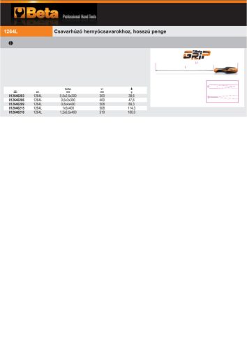 Beta 1264L Csavarhúzó hernyócsavarokhoz, hosszú penge 0,5x2,5x200mm