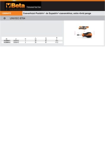 Beta 1269N/PZ Csavarhúzó Pozidriv®- és Supadriv®-csavarokhoz, extra rövid penge PZ1x30mm
