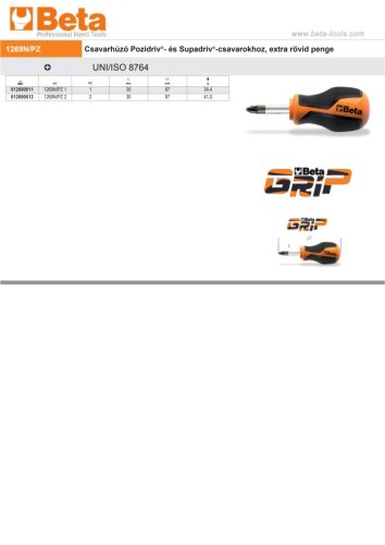 Beta 1269N/PZ 1 Csavarhúzó Pozidriv®- és Supadriv®-csavarokhoz, extra rövid penge