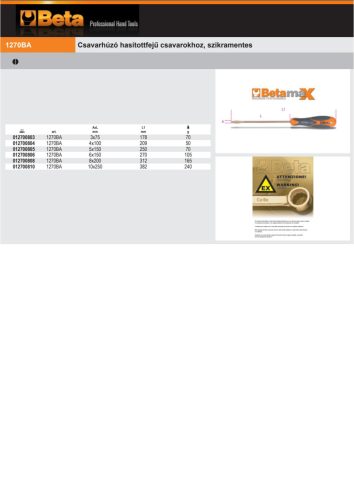 Beta 1270BA Csavarhúzó hasítottfejű csavarokhoz, szikramentes 3x75mm