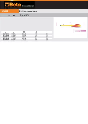 Beta 1272MQ Csavarhúzó PHILIPS® csavarokhoz szigetelt PH0x3x60mm