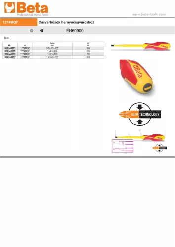 Beta 1274MQF Csavarhúzó hernyócsavarokhoz, szigetelt 6,5x150mm