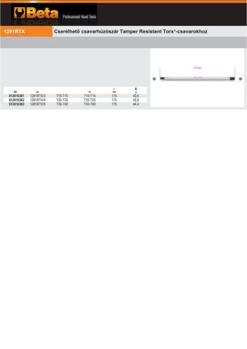 Beta 1281RTx/5 Cserélhető csavarhúzószár Tamper Resistant Torx®-csavarokhoz T30-T40