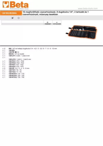 Beta 1281BG/B28NA 28 részes készlet 16 megfordítható csavarhúzószár, 9 dugókulcs 1/4", 2 tartozék és 1 csavarhúzónyél, műanyag tasakban