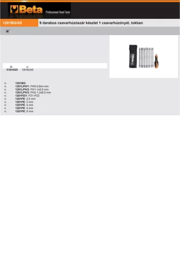 Beta 1281BG/A9 10 részes készlet 9 darabos csavarhúzószár, 1 csavarhúzónyél, tokban