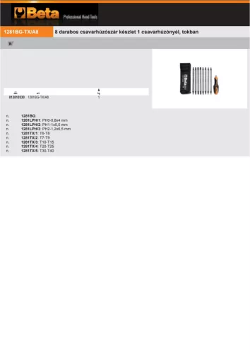 Beta 1281BG-Tx/A8 9 részes készlet 8 darabos csavarhúzószár, 1 csavarhúzónyél, tokban