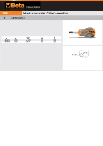 Beta 1292 Csavarhúzó Phillips®-csavarokhoz, extra rövid PH2x6x30mm