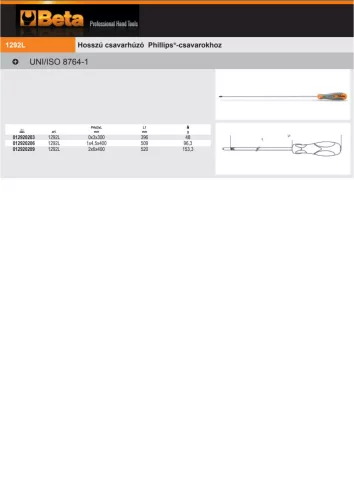 Beta 1292L Csavarhúzó Phillips®-csavarokhoz, hosszú PH1x4,5x400mm