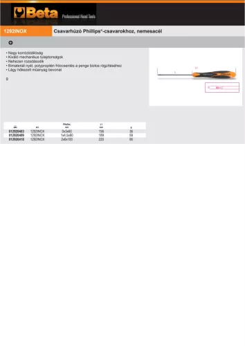 Beta 1292INOX Csavarhúzó Phillips®-csavarokhoz, nemesacél PH0x3x60mm