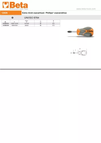 Beta 1292N 6X30 Extra rövid csavarhúzó Phillips®-csavarokhoz PH2x30mm