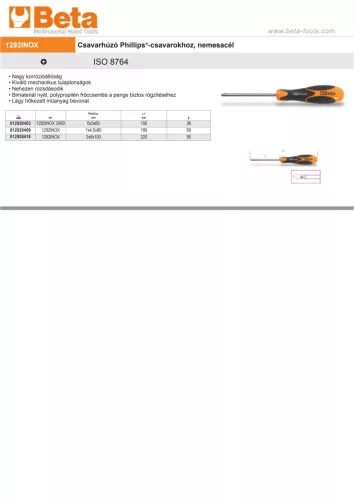 Beta 1292INOX 6X100 ​Csavarhúzó Phillips®-csavarokhoz, nemesacél
