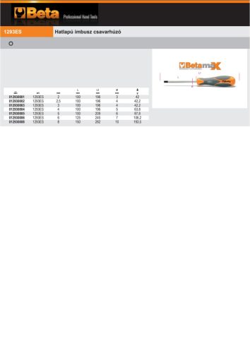 Beta 1293ES Hatlapú imbusz csavarhúzó 4mm