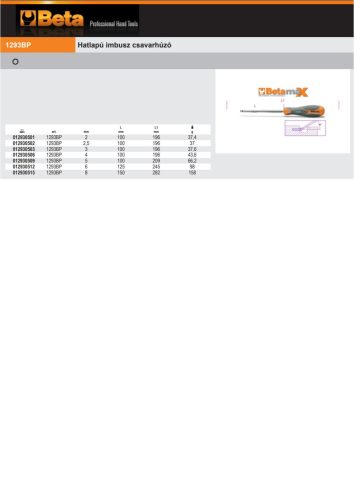 Beta 1293BP Hatlapú imbusz csavarhúzó 2,5mm