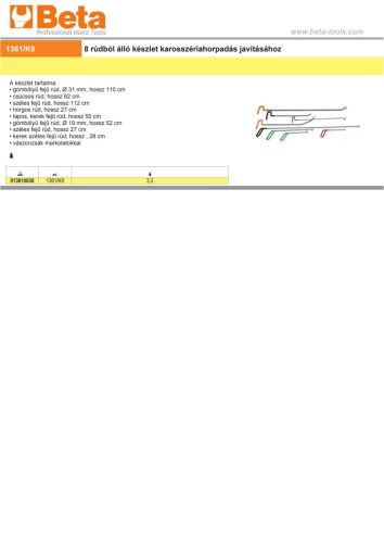 Beta 1361/K9 8 rúdból álló készlet karosszériahorpadás javításához