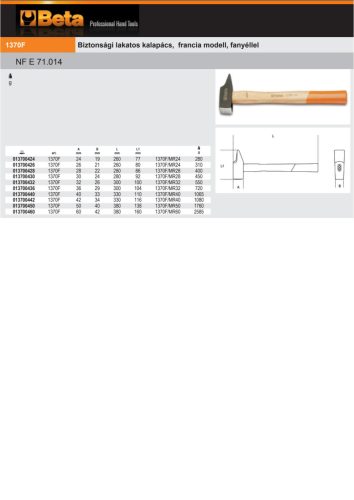 Beta 1370F Biztonsági lakatos kalapács, francia modell, fanyéllel 42mm