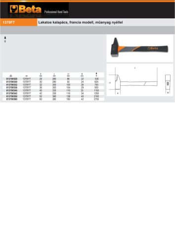Beta 1370FT Lakatos kalapács, francia modell, műanyag nyéllel 28mm