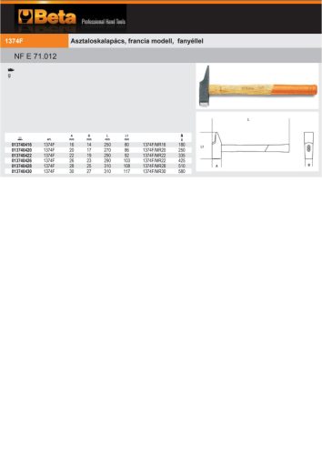 Beta 1374F Asztaloskalapács, francia modell, fanyéllel 26mm
