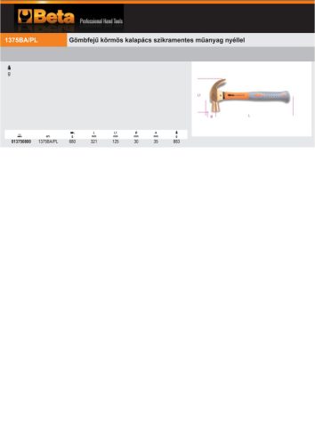 Beta 1375BA/PL 680 Gömbfejű körmös kalapács műanyag nyéllel 680g szikramentes